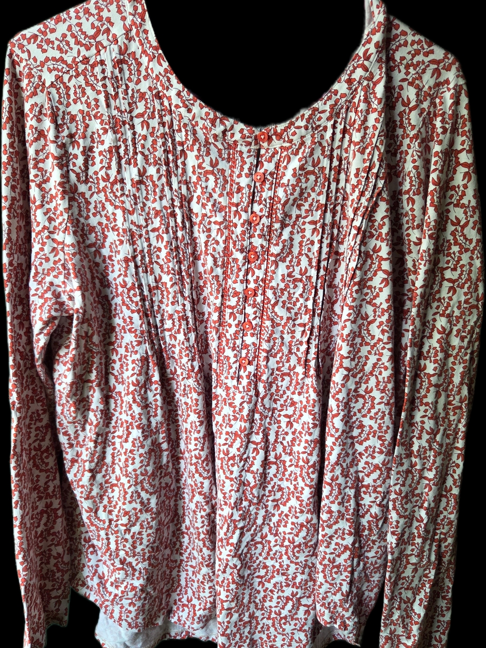 Lands' End Red Floral Pintuck Long-Sleeve Tee